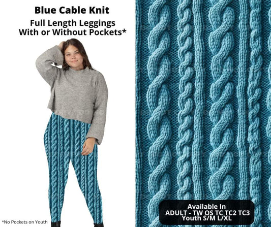 Blue Cable Knit Full Length Leggings w/ Pockets