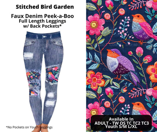 Stitched Bird Garden Faux Denim Full Length Peekaboo Leggings