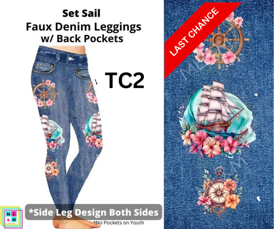 Set Sail Full Length Faux Denim w/ Side Leg Designs