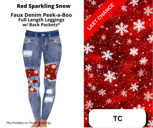 Red Sparkling Snow Faux Denim Full Length Peekaboo Leggings